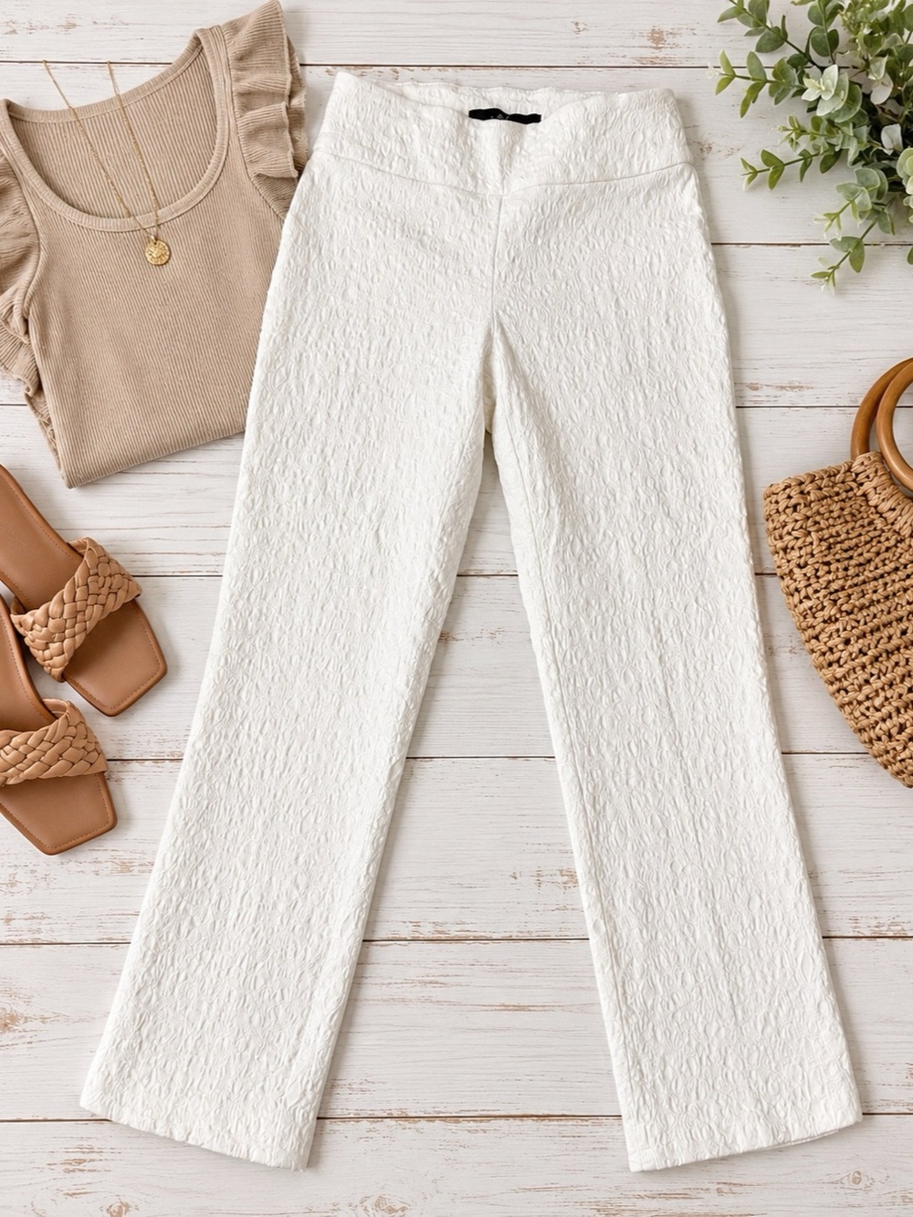 UP! White Textured Jacquard Pull On Straight Leg Pants